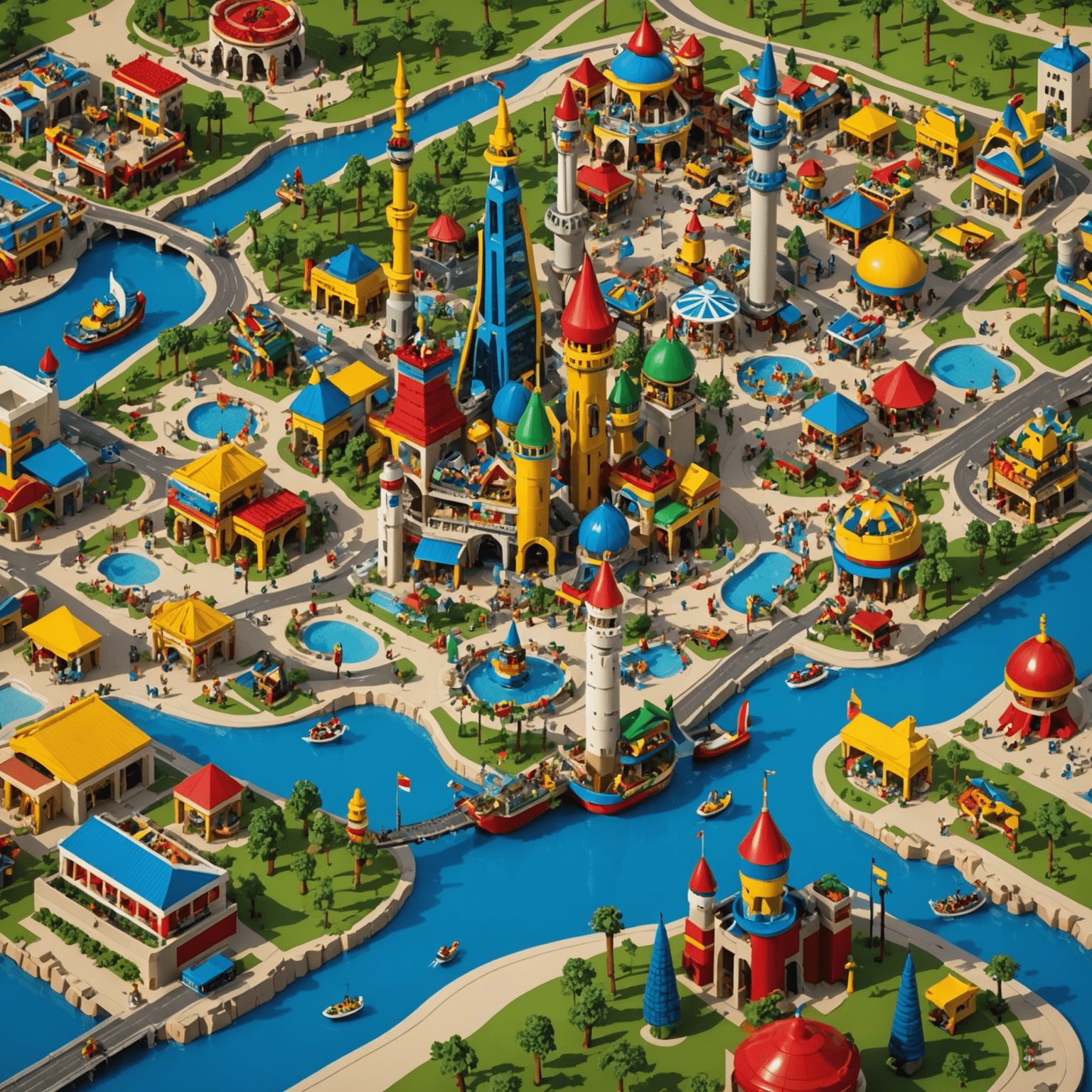 Colorful map of Legoland Dubai featuring various themed areas and attractions