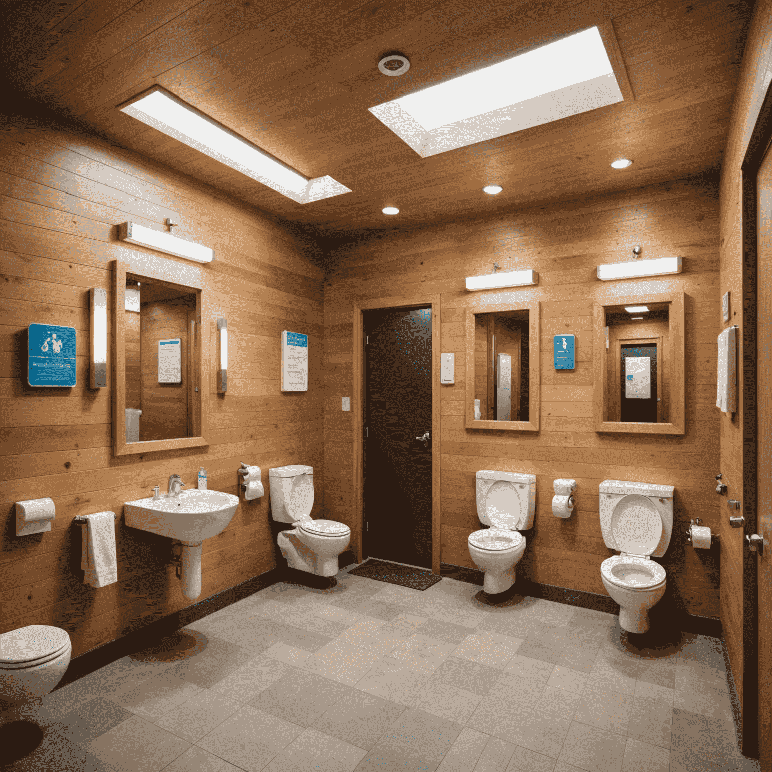 An accessible restroom facility in the theme park with clear signage and modern amenities