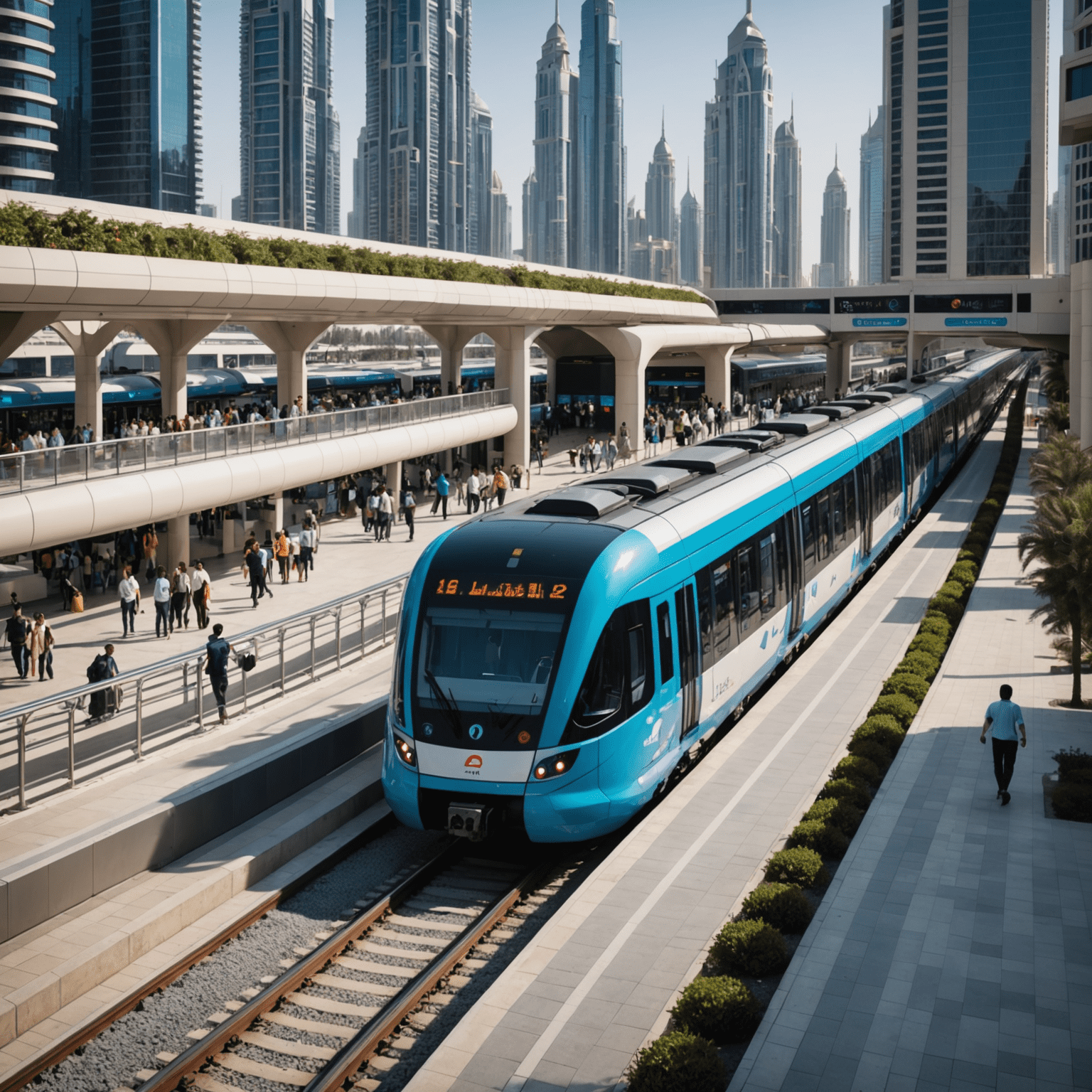 A modern Dubai metro train approaching a station with theme park visuals, surrounded by buses and taxis, showcasing the integrated public transport system